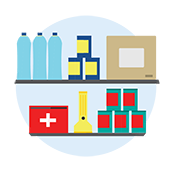 Emergency supplies on some pantry shelves